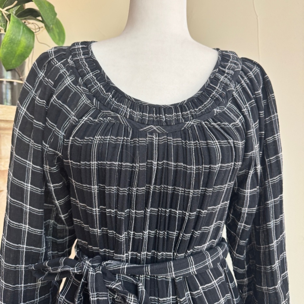 La Vie Rebecca Taylor Black Silver Plaid Long Sleeve Ruffle Womens Size S Belted - Picture 4 of 15